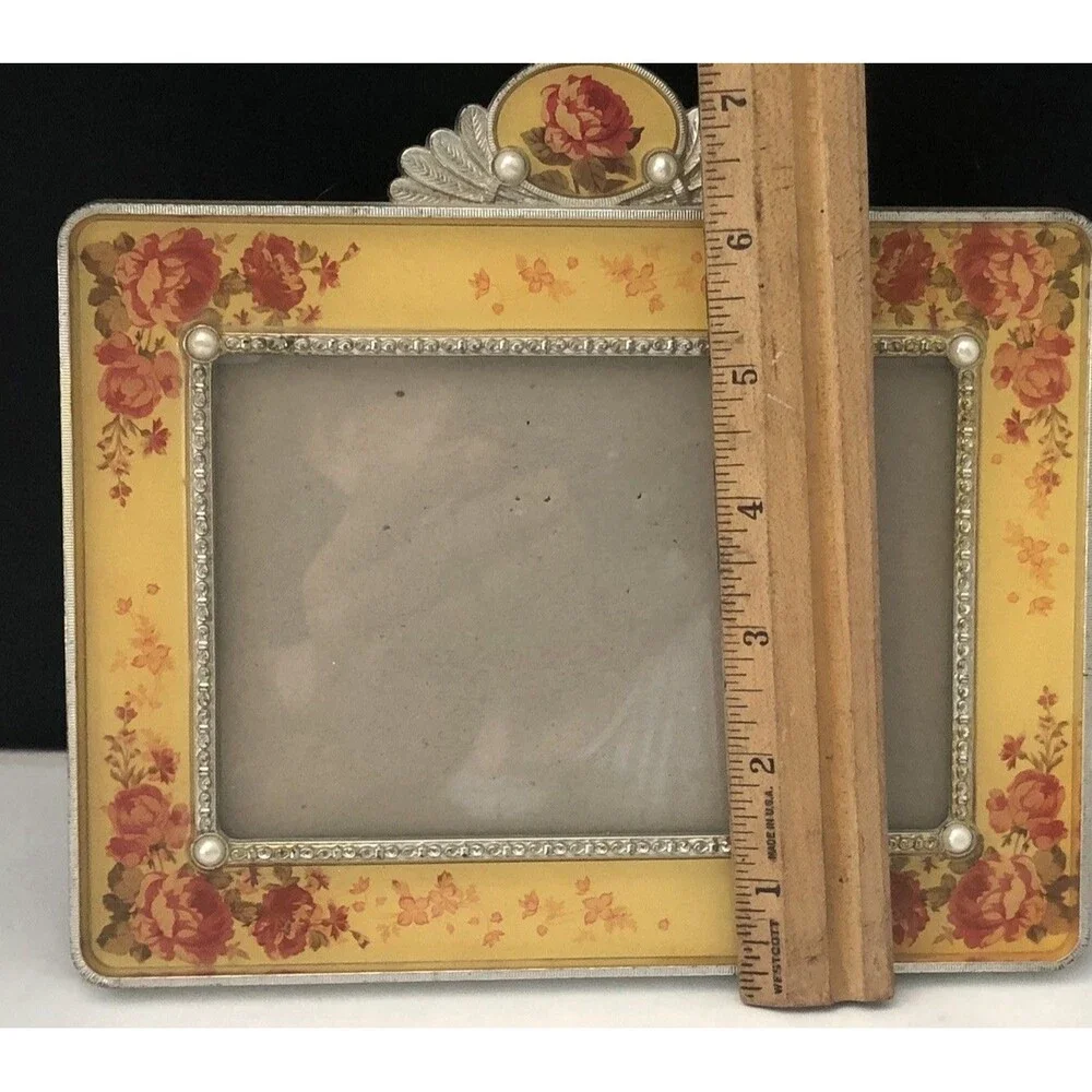 Vintage Shabby chic Table Top Frame Butterscotch Enamel Pearls On Corner roses